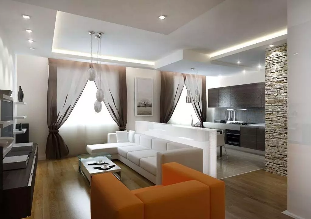 Desain dapur-ruang tamu 25 meter persegi. M (85 Foto): Nuansa Ruang Tamu Dapur di Studio Apartments, Pilihan untuk Zonasi Gabungan Dapur-Ruang Tamu 9523_25