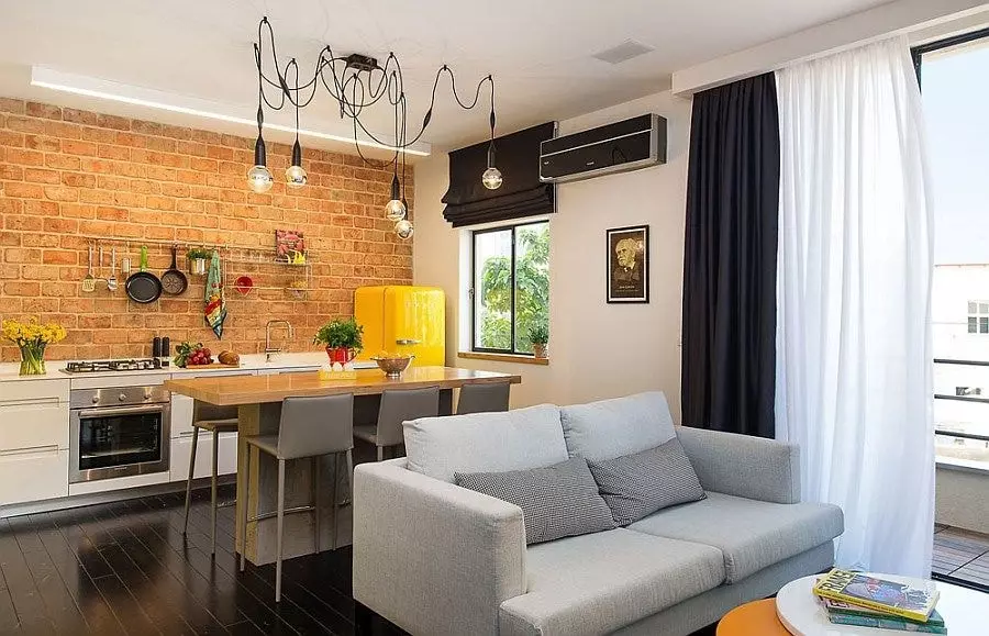 Desain dapur-ruang tamu 25 meter persegi. M (85 Foto): Nuansa Ruang Tamu Dapur di Studio Apartments, Pilihan untuk Zonasi Gabungan Dapur-Ruang Tamu 9523_33