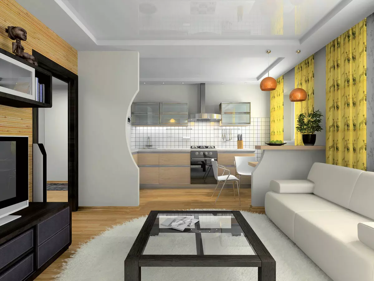 Desain dapur-ruang tamu 25 meter persegi. M (85 Foto): Nuansa Ruang Tamu Dapur di Studio Apartments, Pilihan untuk Zonasi Gabungan Dapur-Ruang Tamu 9523_40