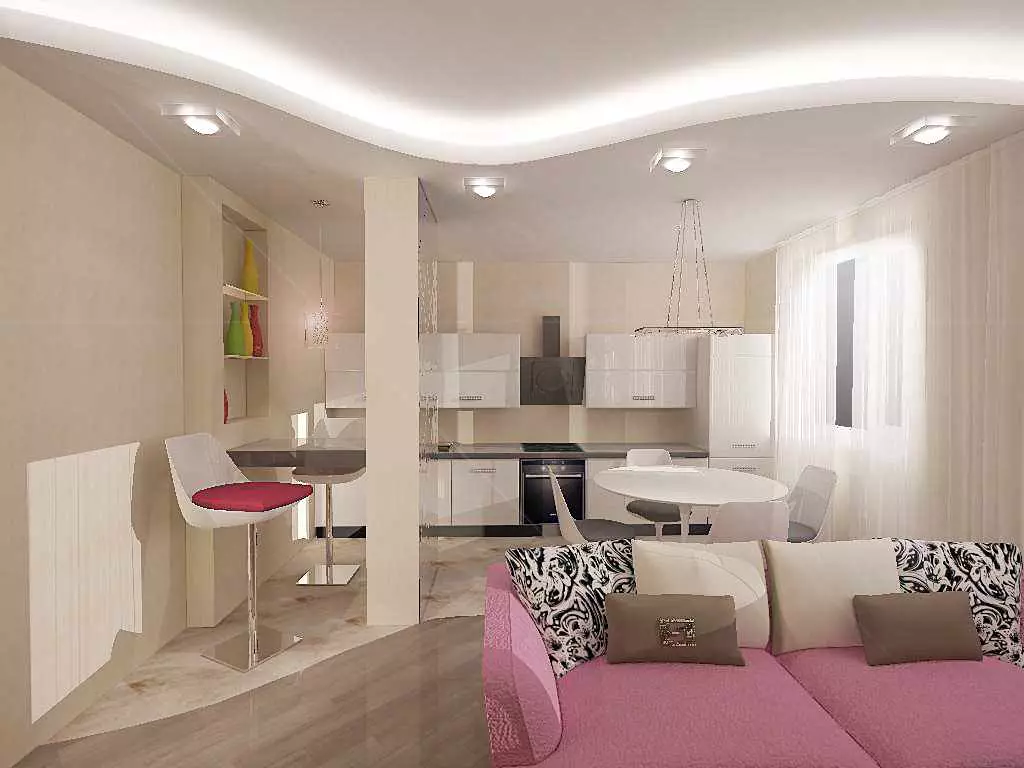 Desain dapur-ruang tamu 25 meter persegi. M (85 Foto): Nuansa Ruang Tamu Dapur di Studio Apartments, Pilihan untuk Zonasi Gabungan Dapur-Ruang Tamu 9523_6