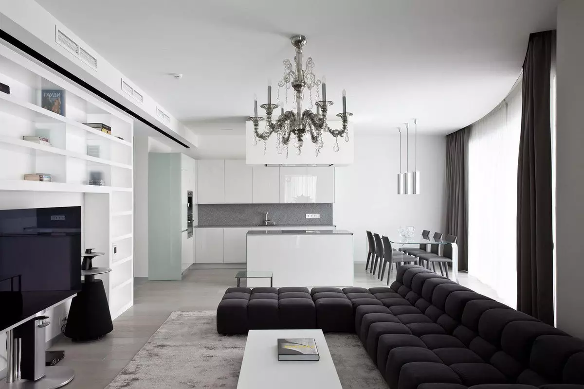 디자인 주방 거실 25 평방 미터. M (85 장의 사진) : 스튜디오 아파트의 주방 거실의 뉘앙스, Zoning Combined Kitchens-Living rooms 옵션 9523_70