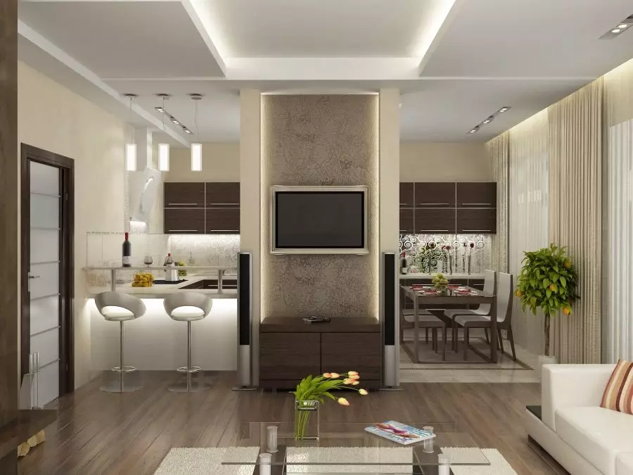 Desain dapur-ruang tamu 25 meter persegi. M (85 Foto): Nuansa Ruang Tamu Dapur di Studio Apartments, Pilihan untuk Zonasi Gabungan Dapur-Ruang Tamu 9523_79