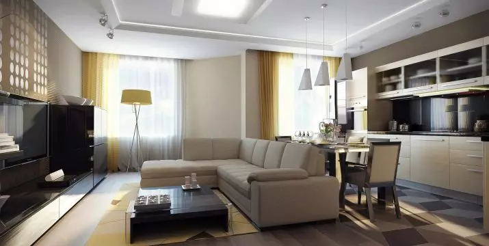 Desain dapur-ruang tamu 25 meter persegi. M (85 Foto): Nuansa Ruang Tamu Dapur di Studio Apartments, Pilihan untuk Zonasi Gabungan Dapur-Ruang Tamu 9523_83