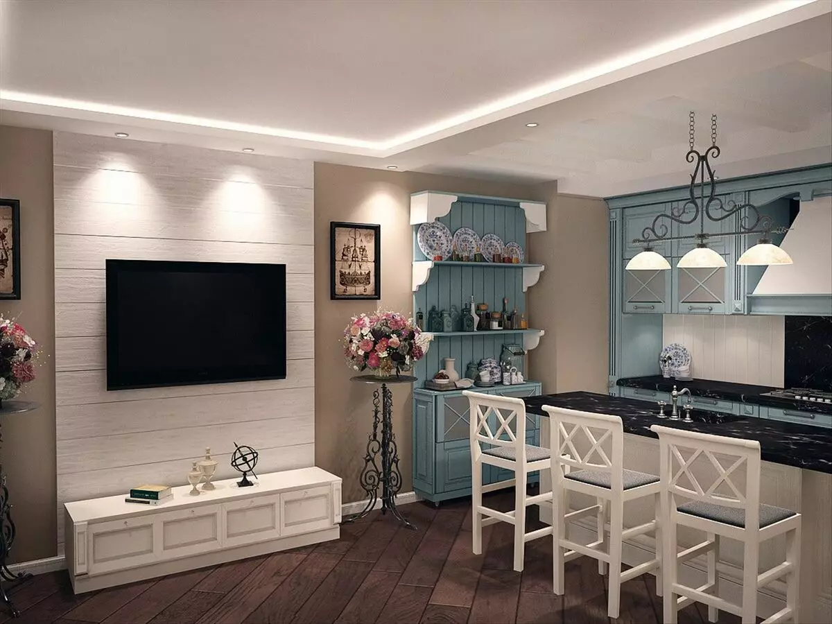 Malý kuchyňský obývací pokoj (69 fotek): interiérový design a územní oblast. Rozložení malé ve velikosti kuchyně v kombinaci s obývacím pokojem 9525_10