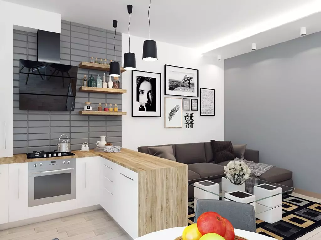 Malý kuchyňský obývací pokoj (69 fotek): interiérový design a územní oblast. Rozložení malé ve velikosti kuchyně v kombinaci s obývacím pokojem 9525_5