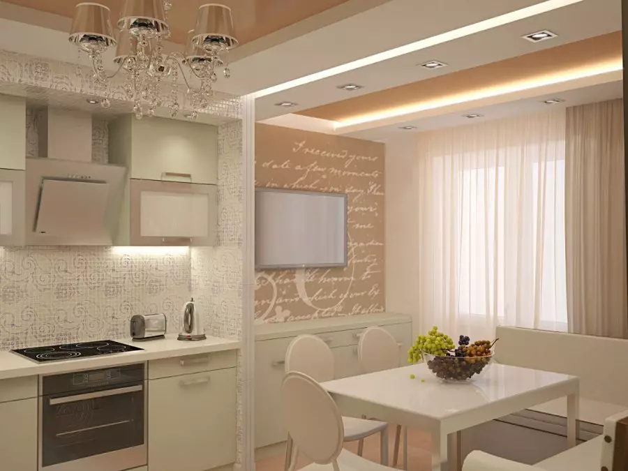 Little Kitchen-Living Room (69 Ritratti): Disinn ta 'ġewwa u żona ta' tqassim f'żoni. Tqassim żgħir fil-kċina daqs flimkien ma 'kamra tal-ħajja 9525_54