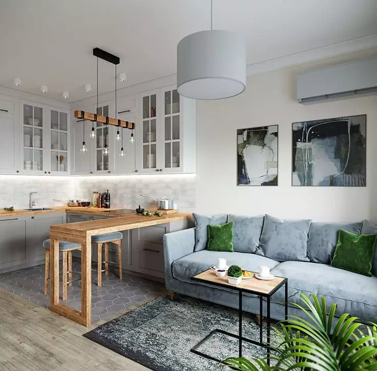 Malý kuchyňský obývací pokoj (69 fotek): interiérový design a územní oblast. Rozložení malé ve velikosti kuchyně v kombinaci s obývacím pokojem 9525_6