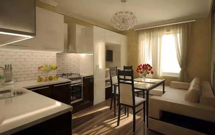 Malá kuchyňa-obývacia izba (69 fotografií): Interiérový dizajn a územná oblasť. Usporiadanie Malé vo veľkosti Kuchyňa v kombinácii s obývacou izbou 9525_69