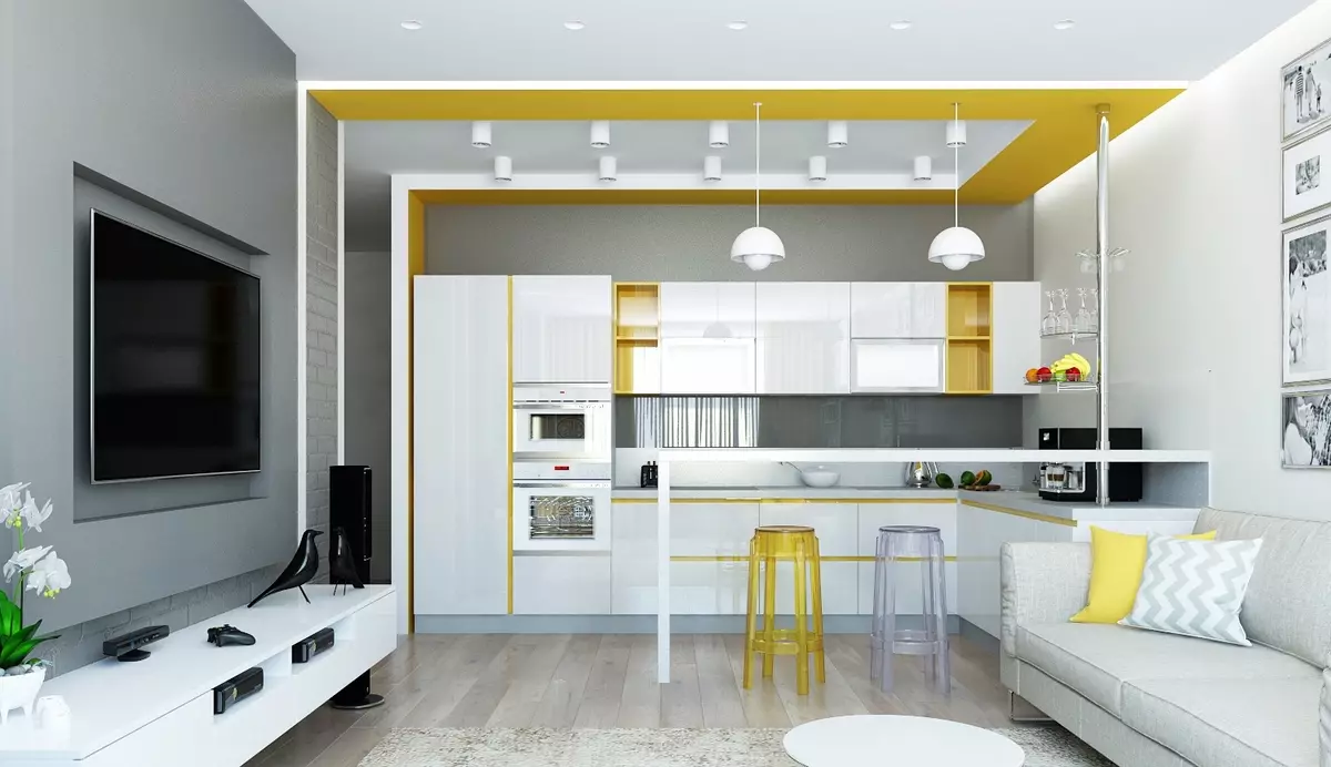 リトルキッチンリビングルーム（69写真）：インテリアデザインとゾーニングエリア。リビングルームと組み合わせたサイズのキッチンのレイアウト 9525_9