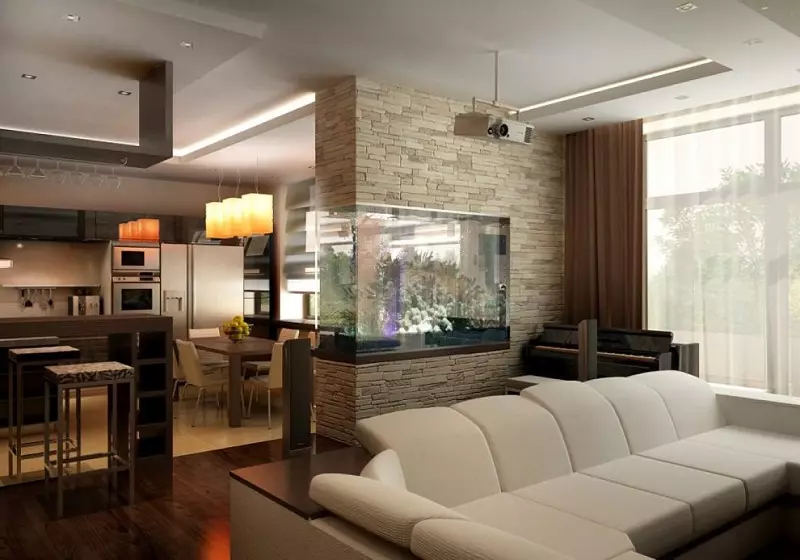 Moderná kuchyňa Obývacia izba Design (54 fotografií): štýlové nápady na dizajn interiéru v kombinácii s obývacou izbou 9527_21