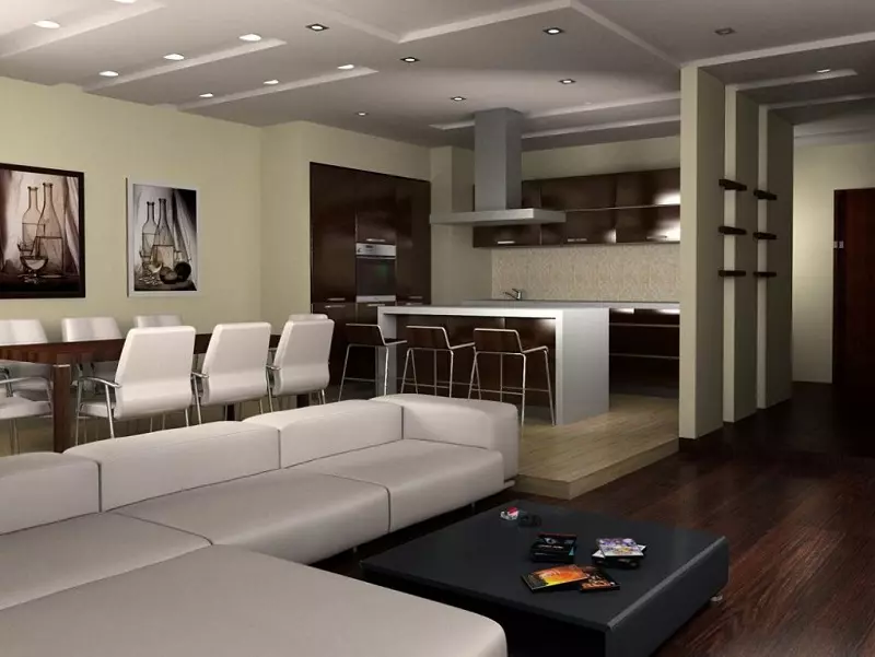 Modernā virtuve Dzīvojamās istabas dizains (54 fotogrāfijas): stilīgas virtuves interjera dizaina idejas apvienojumā ar dzīvojamo istabu 9527_31