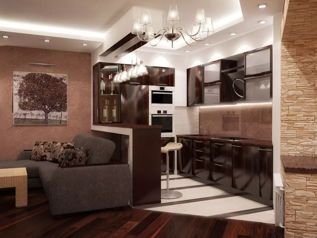 Dizajni i dhomës së jetesës moderne të kuzhinës (54 foto): Idetë e dizajnit të brendshëm të kuzhinës së kombinuar me dhomën e ndenjes 9527_34