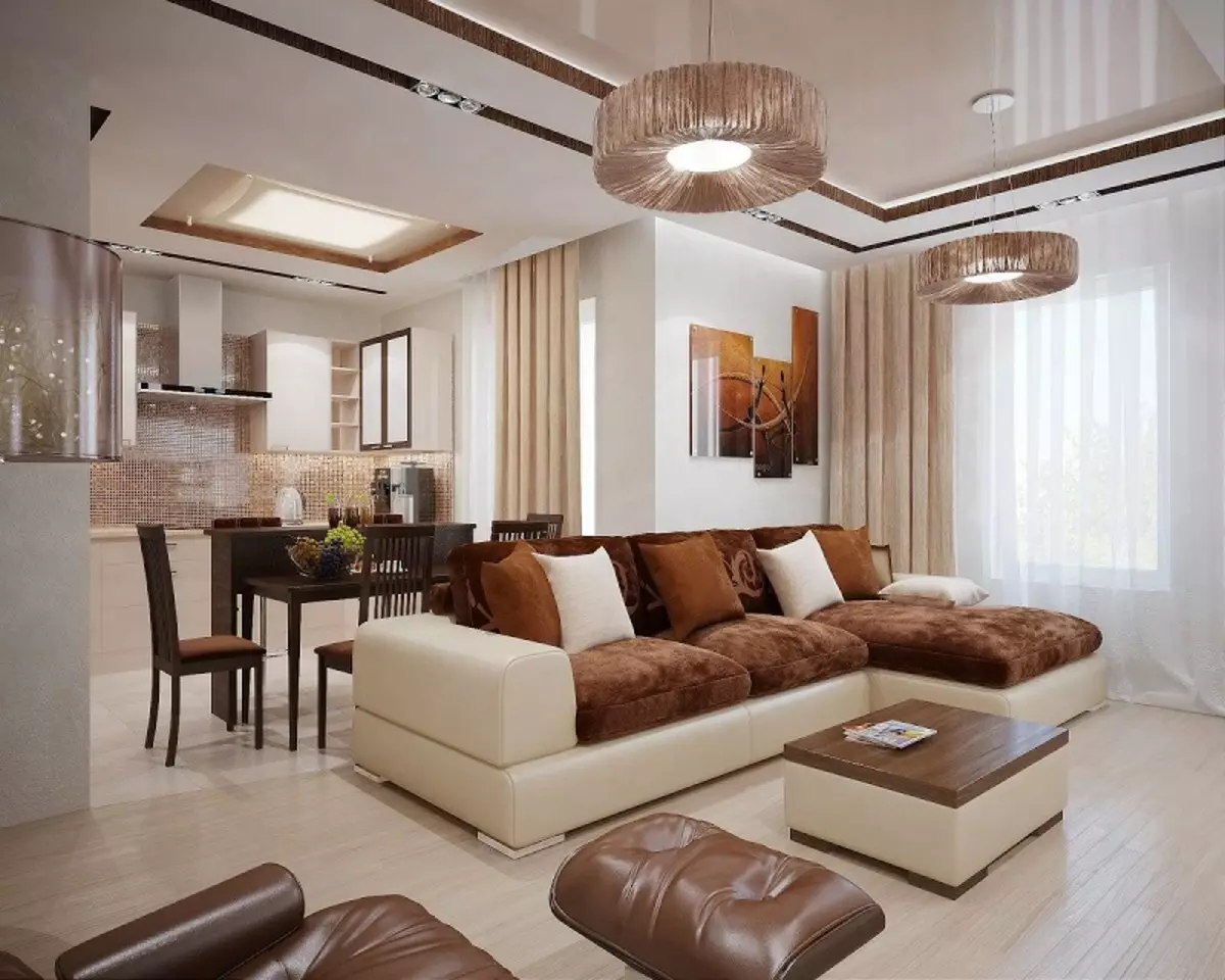 Diseño de la sala de estar de la cocina moderna (54 fotos): ideas de diseño interior de cocina con estilo combinado con sala de estar 9527_35
