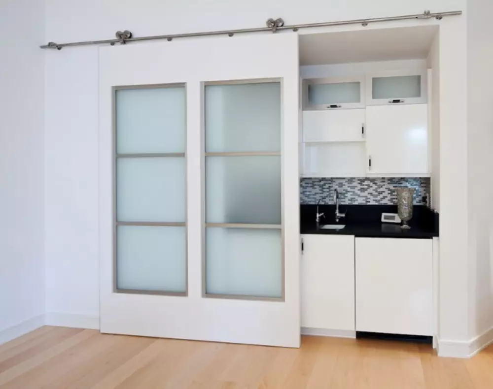 रसोई और रहने वाले कमरे (32 फोटो) के बीच स्लाइडिंग दरवाजे: क्या बेहतर रखना है? हॉल में बड़े दरवाजे कूप और ग्लास विभाजन, डिजाइन विचार 9530_27