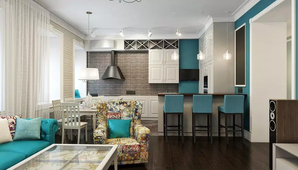 Design kuchyně obývací pokoj 18m². M (91 fotek): Možnosti plánování a zónování studio s kuchyňkou 3x6 m, zajímavé vzory kombinovaného kuchyňsko-obývacího pokoje 9531_11