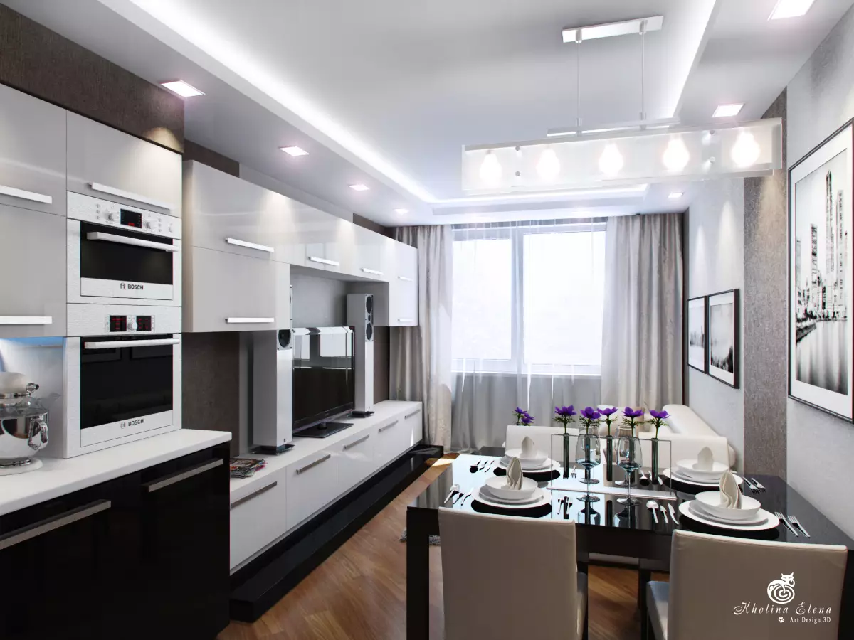 طراحی آشپزخانه اتاق نشیمن 18 متر مربع. متر (91 عکس): گزینه هایی برای برنامه ریزی و منطقه بندی اتاق استودیو با آشپزخانه 3x6 متر، طرح های جالب از یک اتاق نشیمن آشپزخانه ترکیبی 9531_14