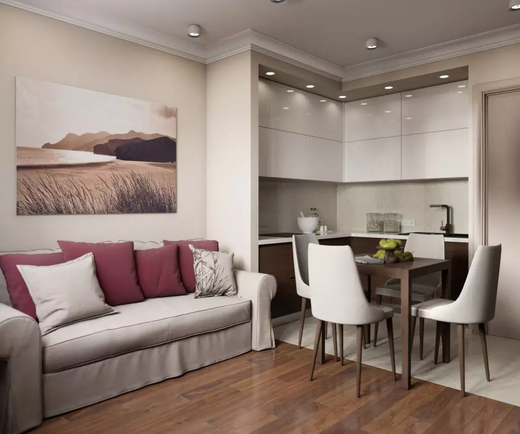 デザインのキッチンリビングルーム18平方メートル。 M（91枚）：計画とキッチン3×6 mのスタジオルームをゾーニングするためのオプション、組み合わせキッチン・リビングルームの興味深いデザイン 9531_16