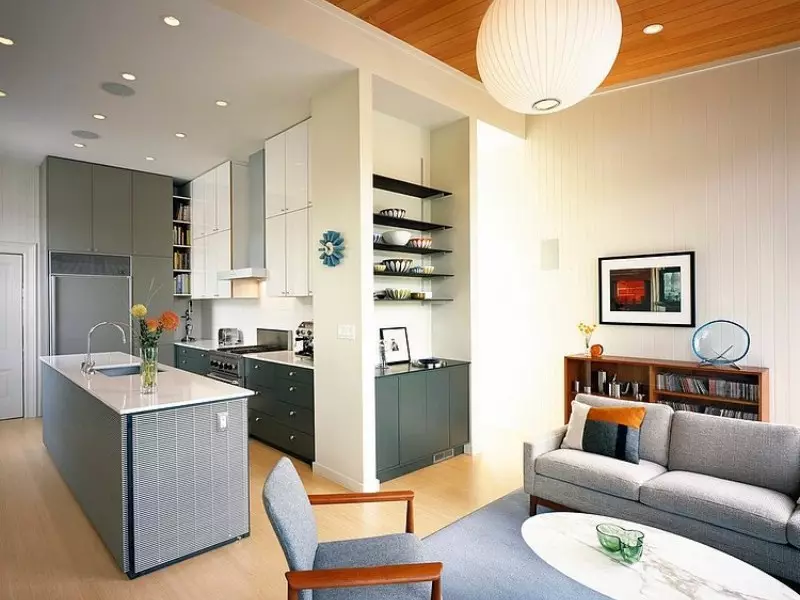 Design kuchyně obývací pokoj 18m². M (91 fotek): Možnosti plánování a zónování studio s kuchyňkou 3x6 m, zajímavé vzory kombinovaného kuchyňsko-obývacího pokoje 9531_18