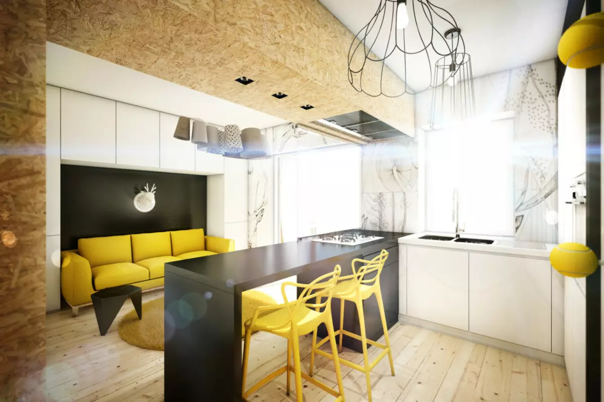 Σχεδιασμός κουζίνας σαλόνι 18 τετραγωνικών μέτρων. M (91 φωτογραφίες): Επιλογές σχεδιασμού και ζωνών στο δωμάτιο στούντιο με κουζίνα 3x6 m, ενδιαφέροντα σχέδια μιας συνδυασμένης κουζίνας-σαλόνι 9531_27