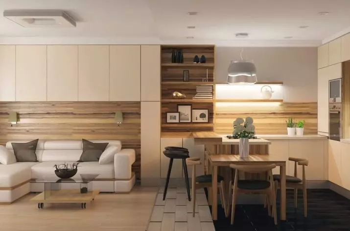 Design kjøkken stue 18 kvadratmeter. M (91 bilder): Valg for planlegging og sonering av studio-rommet med kjøkken 3x6 m, interessant design av en kombinert kjøkken-stue 9531_3