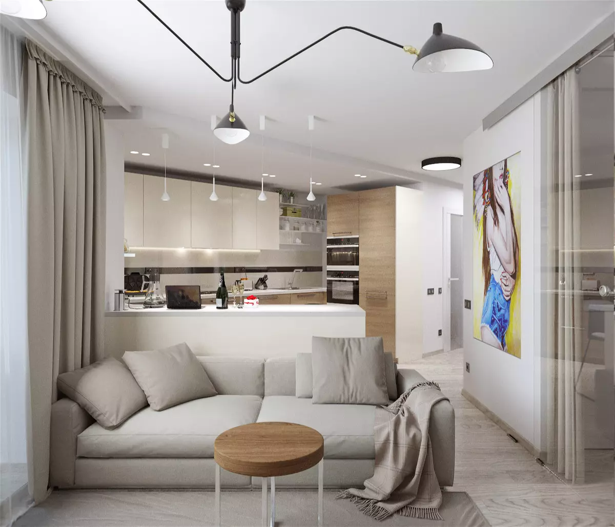 デザインのキッチンリビングルーム18平方メートル。 M（91枚）：計画とキッチン3×6 mのスタジオルームをゾーニングするためのオプション、組み合わせキッチン・リビングルームの興味深いデザイン 9531_30