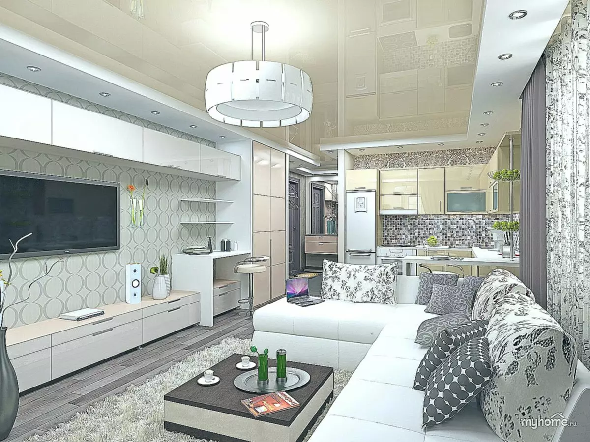 Design kuchyně obývací pokoj 18m². M (91 fotek): Možnosti plánování a zónování studio s kuchyňkou 3x6 m, zajímavé vzory kombinovaného kuchyňsko-obývacího pokoje 9531_4