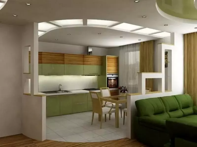 Projete a sala de estar da cozinha 18 metros quadrados. M (91 fotos): Opções para planejamento e zoneamento da sala de estúdio com uma cozinha 3x6 m, desenhos interessantes de uma sala de cozinha combinada 9531_42