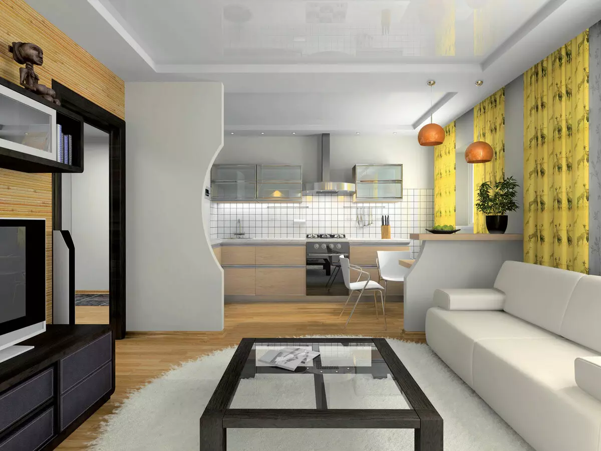 Design kuchyně obývací pokoj 18m². M (91 fotek): Možnosti plánování a zónování studio s kuchyňkou 3x6 m, zajímavé vzory kombinovaného kuchyňsko-obývacího pokoje 9531_43