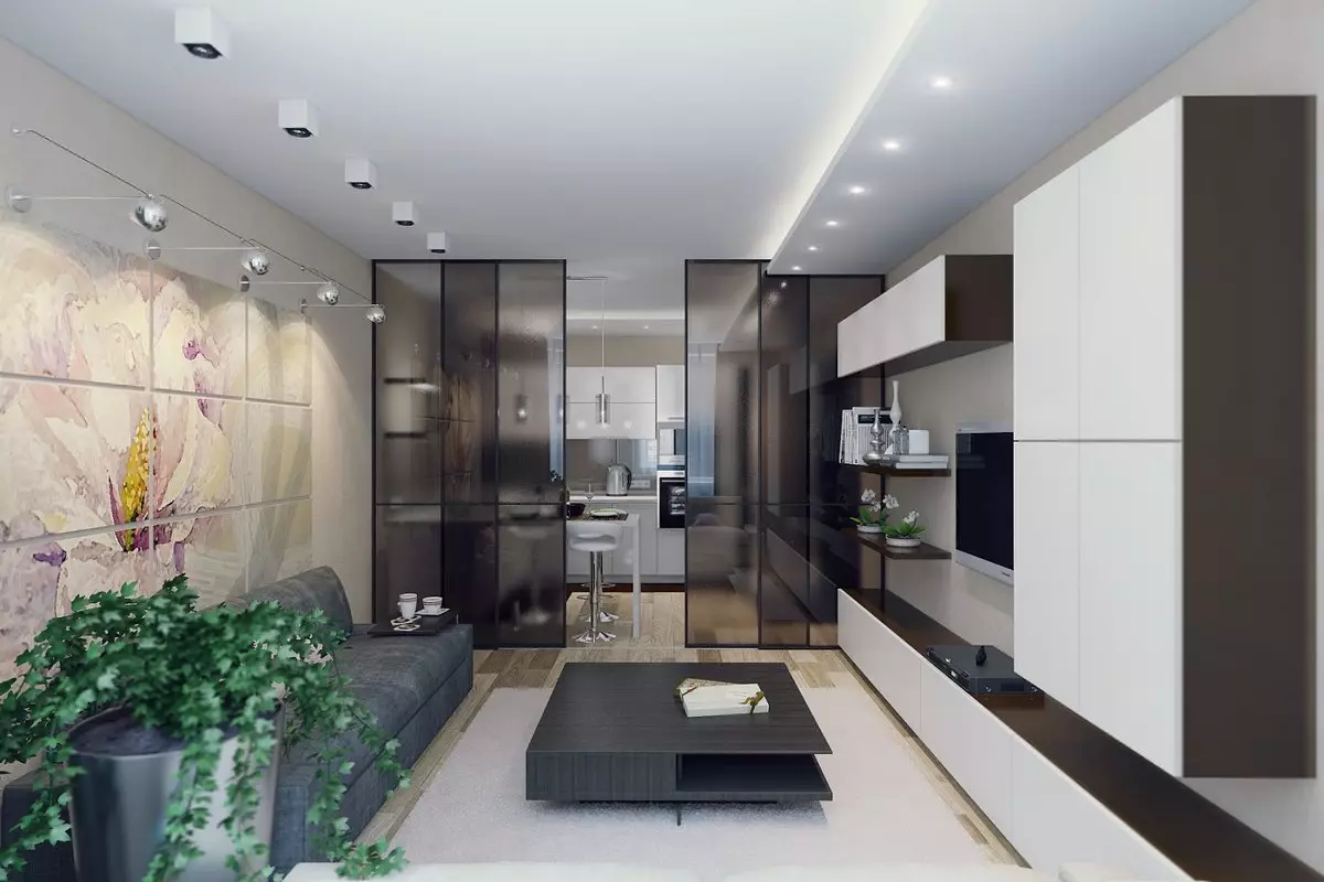 Sala de estar de cociña de deseño 18 metros cadrados. M (91 fotos): Opcións para planificar e zonificar a sala de estudo cunha cociña 3x6 m, deseños interesantes dunha cociña combinada de cociña 9531_44