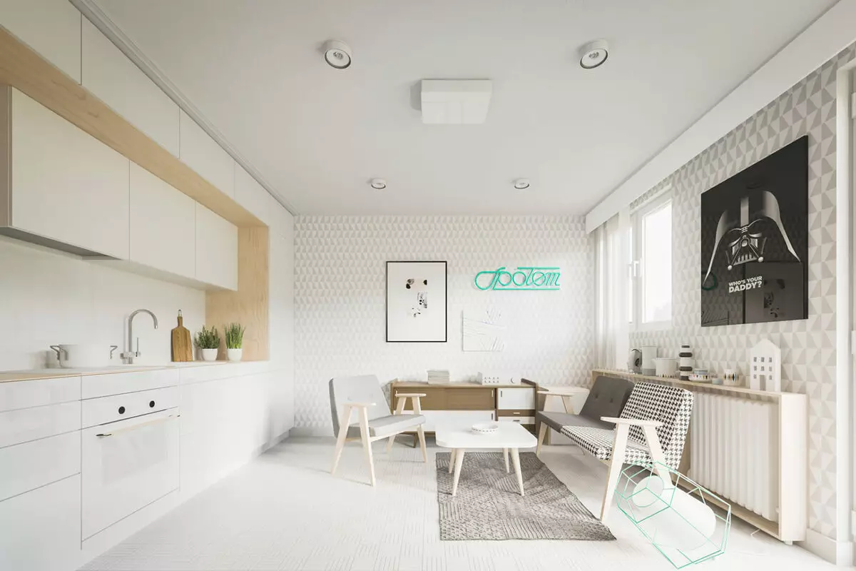 デザインのキッチンリビングルーム18平方メートル。 M（91枚）：計画とキッチン3×6 mのスタジオルームをゾーニングするためのオプション、組み合わせキッチン・リビングルームの興味深いデザイン 9531_46