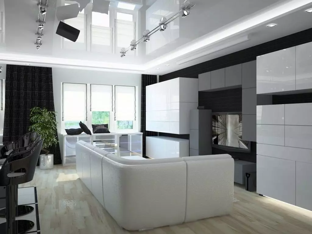 Design Bucătărie Camera de zi 18 metri pătrați. M (91 fotografii): Opțiuni pentru planificarea și zonarea sălii de studio cu o bucătărie 3x6 m, desene interesante dintr-o cameră combinată de bucătărie-living 9531_52