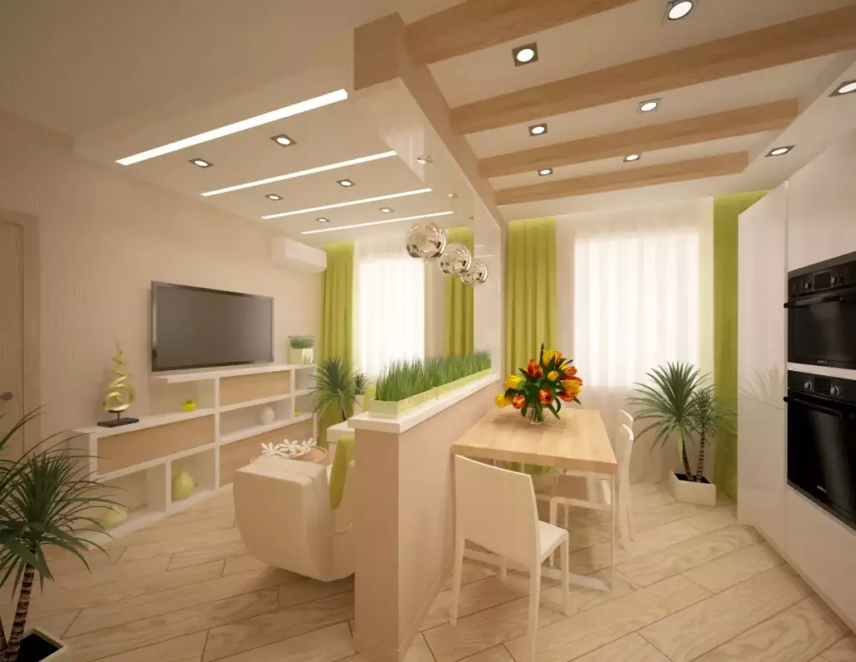 Tasarım mutfak oturma odası 18 metrekare. M (91 fotoğraf): 3x6 m mutfaklı stüdyo odasını planlama ve imar etmek için seçenekler, kombine bir mutfak salonunun ilginç tasarımları 9531_53