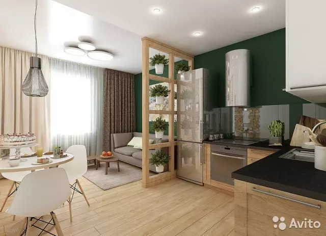 Design Bucătărie Camera de zi 18 metri pătrați. M (91 fotografii): Opțiuni pentru planificarea și zonarea sălii de studio cu o bucătărie 3x6 m, desene interesante dintr-o cameră combinată de bucătărie-living 9531_55