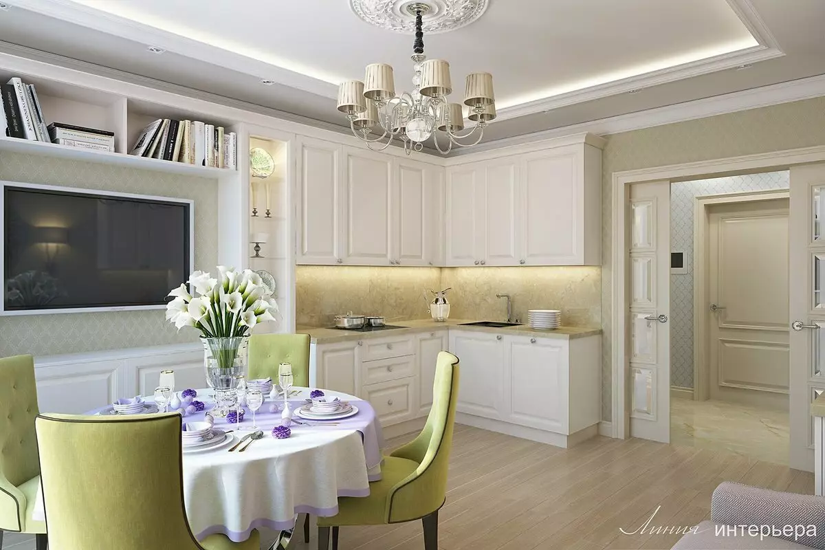 Σχεδιασμός κουζίνας σαλόνι 18 τετραγωνικών μέτρων. M (91 φωτογραφίες): Επιλογές σχεδιασμού και ζωνών στο δωμάτιο στούντιο με κουζίνα 3x6 m, ενδιαφέροντα σχέδια μιας συνδυασμένης κουζίνας-σαλόνι 9531_68