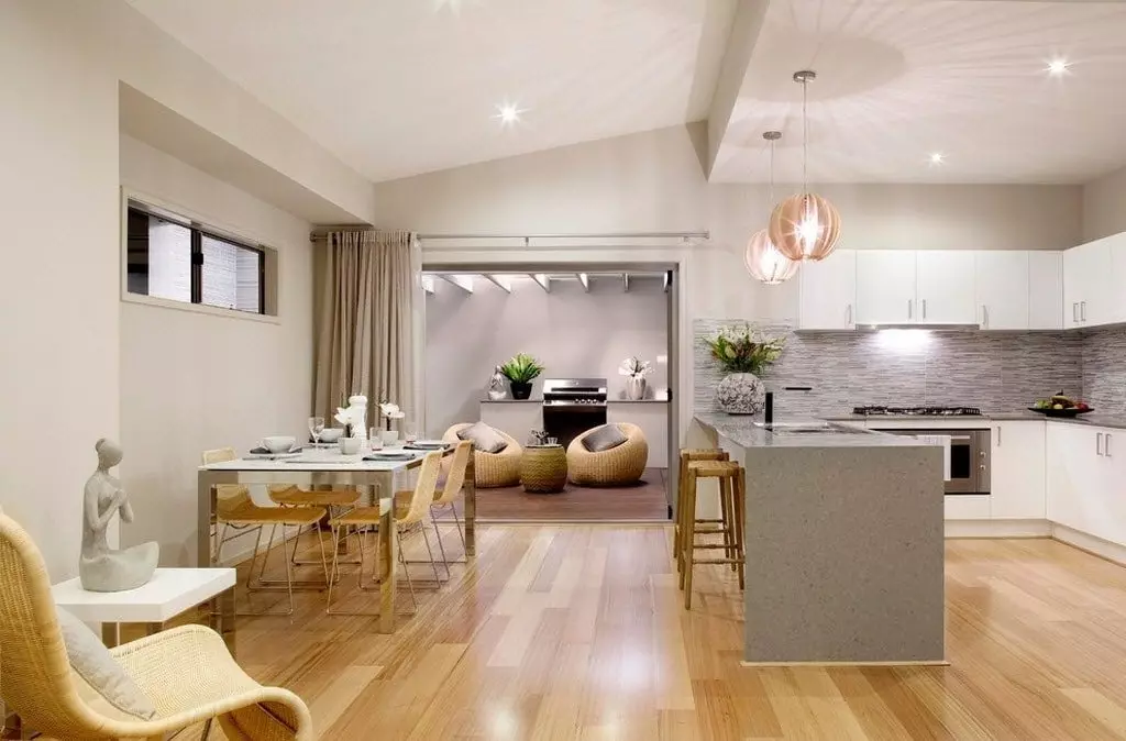 Design kitchen soggiorno 30 metri quadrati. M (68 foto): Caratteristiche della pianificazione di cucine combinate e soggiorno, esempi di progetti di interior design con zonizzazione 9533_27