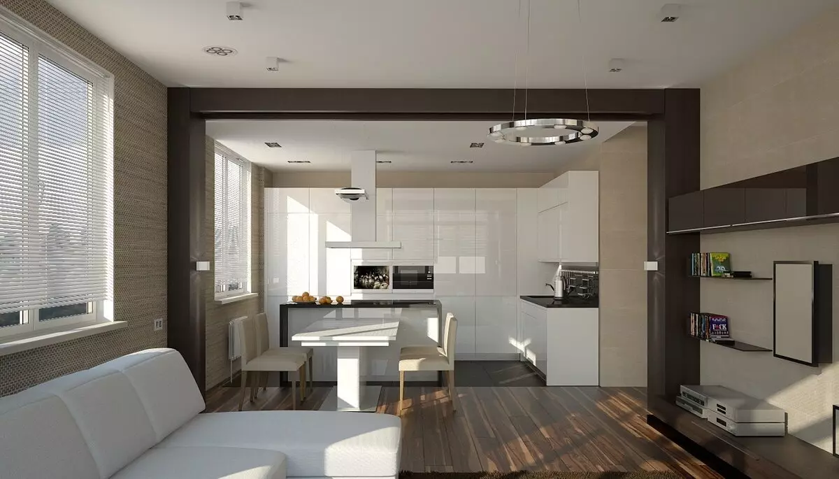 Design kitchen soggiorno 30 metri quadrati. M (68 foto): Caratteristiche della pianificazione di cucine combinate e soggiorno, esempi di progetti di interior design con zonizzazione 9533_28