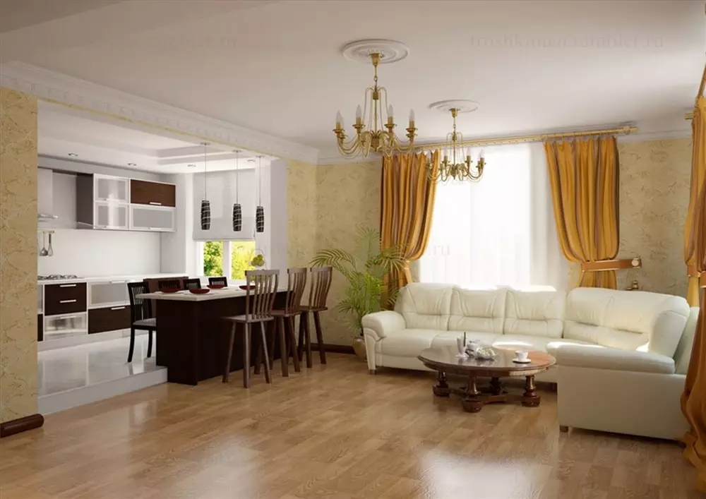 Virtuves dzīvojamās istabas plānošana (57 fotogrāfijas): mēbeļu izvietošanas plāns kombinētajās telpās. Kā apvienot virtuvi un dzīvojamo istabu dzīvoklī? Virtuves dzīvojamās istabas lielums un izlīdzināšanas shēma 9537_9