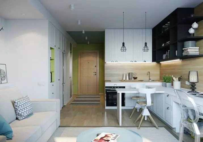 Kjøkken-stue i lyse farger (40 bilder): Interiørdesign av kombinerte rom i hvite og pastellfarger med et hovedkort. Eksempler i moderne og klassiske stiler 9538_14