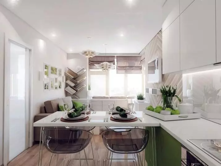 Kjøkken-stue i lyse farger (40 bilder): Interiørdesign av kombinerte rom i hvite og pastellfarger med et hovedkort. Eksempler i moderne og klassiske stiler 9538_15