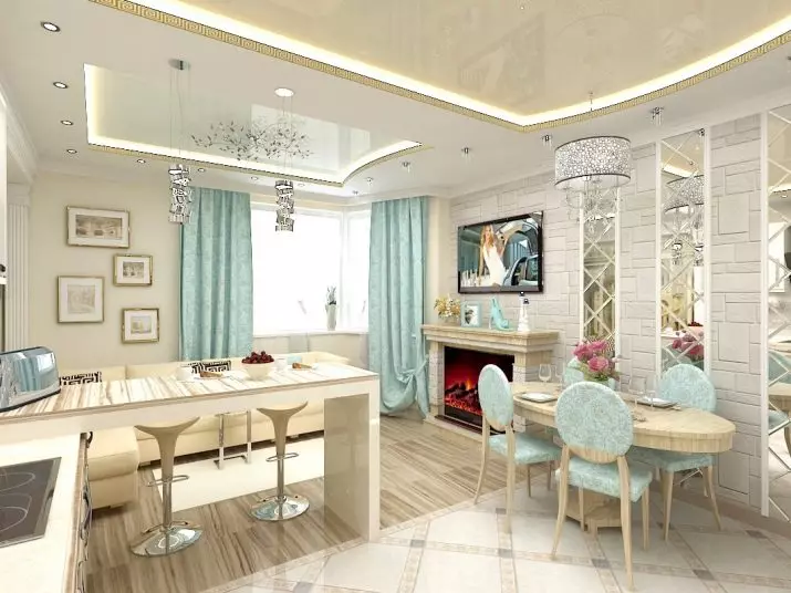 اتاق نشیمن آشپزخانه در رنگ های سبک (40 عکس): طراحی داخلی اتاق های ترکیبی در رنگ های سفید و پاستل با حیاط خلوت. مثالها در سبک های مدرن و کلاسیک 9538_17
