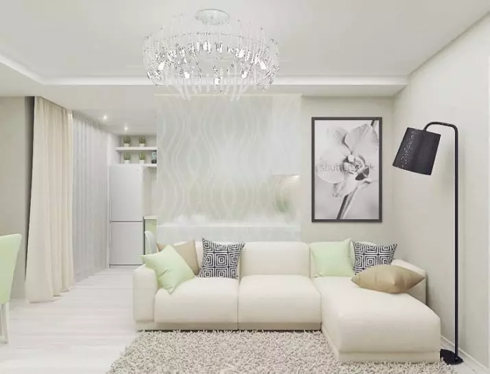 Kombuis-sitkamer in ligte kleure (40 foto's): Binneontwerp van gekombineerde kamers in wit en pastelkleure met 'n kopkaart. Voorbeelde in moderne en klassieke style 9538_20