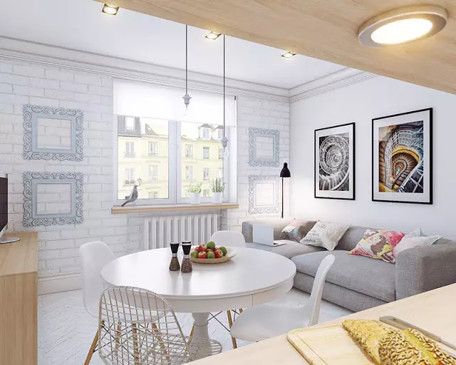 Kombuis-sitkamer in ligte kleure (40 foto's): Binneontwerp van gekombineerde kamers in wit en pastelkleure met 'n kopkaart. Voorbeelde in moderne en klassieke style 9538_27