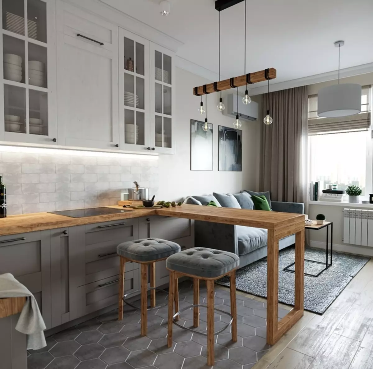 Kjøkken-stue i lyse farger (40 bilder): Interiørdesign av kombinerte rom i hvite og pastellfarger med et hovedkort. Eksempler i moderne og klassiske stiler 9538_31