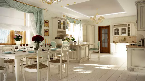 Kjøkken-stue i lyse farger (40 bilder): Interiørdesign av kombinerte rom i hvite og pastellfarger med et hovedkort. Eksempler i moderne og klassiske stiler 9538_34