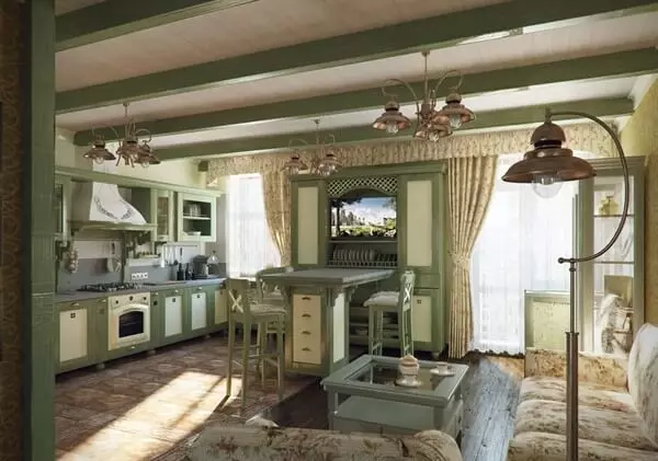 Kjøkken-stue i lyse farger (40 bilder): Interiørdesign av kombinerte rom i hvite og pastellfarger med et hovedkort. Eksempler i moderne og klassiske stiler 9538_37