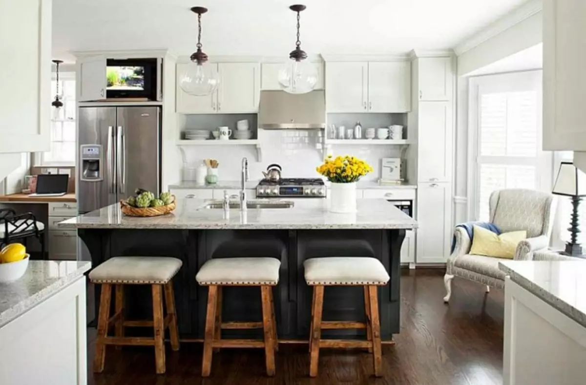Açık renklerde mutfak salonu (40 fotoğraf): Beyaz ve pastel renklerde bir kombine odaların iç tasarımı. Modern ve klasik tarzlarda örnekler 9538_5