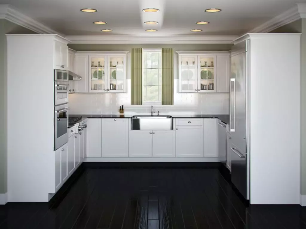 Auriculares de cociña branca (57 fotos): cociñas rectas e de canto de branco no interior. SERMON, auriculares vermellos e azuis e brancos no deseño da cociña 9542_26