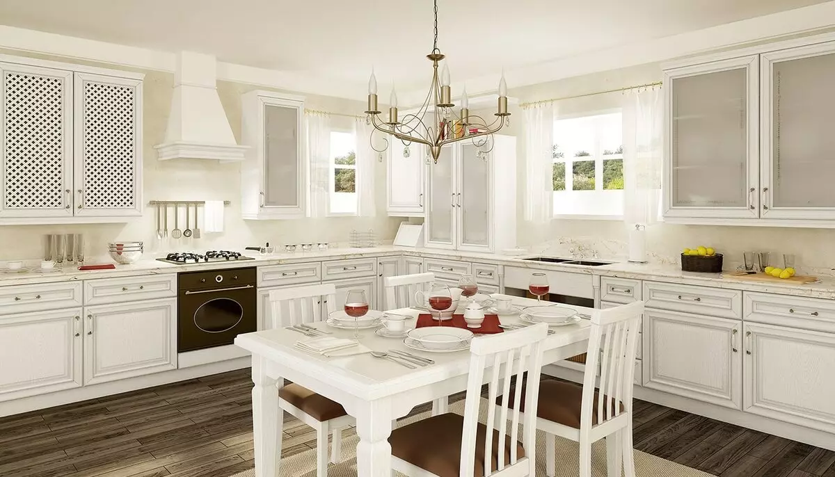 Бели кухни (57 снимки): прави и кухненски кът с бял цвят в интериора. Грей, червеният и синьо-бели набори в кухня дизайн 9542_32