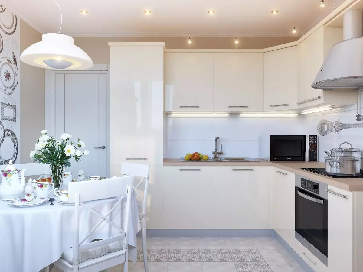 白色廚房耳機（57張照片）：內部的直線和角廚房。廚房設計中的布蒙，紅色和藍色和白色耳機 9542_5