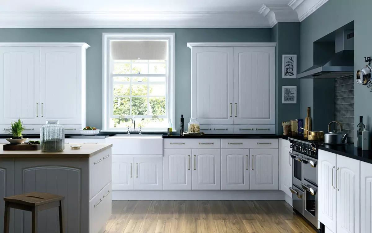 Fehér konyhai fejhallgatók (57 fotók): Egyenes és sarokkonyhák fehér a belső térben. Prédikáció, piros és kék és fehér fejhallgatók a konyha kialakításában 9542_6